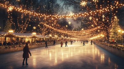 outdoor ice rink in the night with christmas lights 