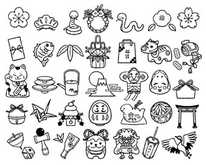 日本のお正月イラストアイコンセット　手描き白黒線画　（巳年）