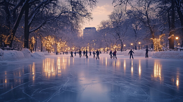 ice skating on the frozen lake in the evening