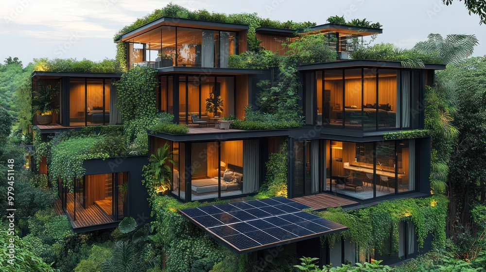 Poster a large building with many windows and a green roof