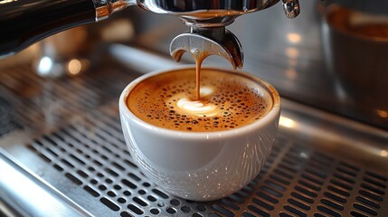 Barista making coffee with professional coffee machine, Espresso Machine process of pouring coffee into a cup to become an espresso coffee drink.