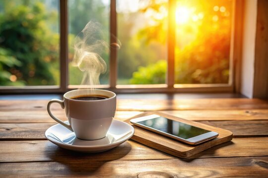 warm natural light pouring through window onto wooden table with steaming cup of coffee and phone showing loyalty rewards dashboard