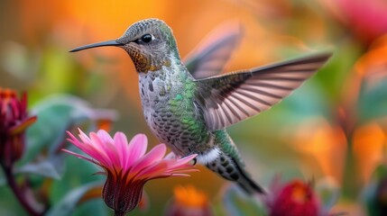 Naklejka premium Hummingbird in Flight Over Pink Flower