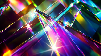 Sharp prisms reflect bright beams of light, scattering intense rainbow hues across a dark, glossy background, with vivid greens, purples, and blues dominating.