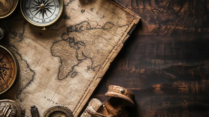 Fototapeta premium Explorer s table with a compass, map, and ancient artifacts hinting at past adventures