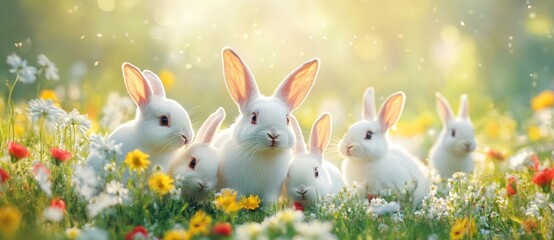 Adorable White Bunnies in a Field of Flowers