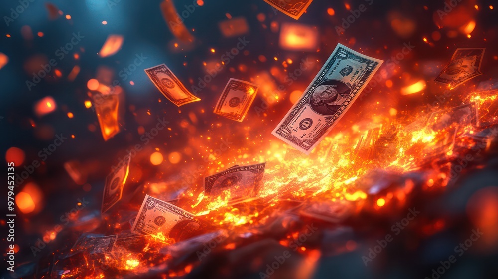 Wall mural a pile of burning money with a dollar bill flying through the air