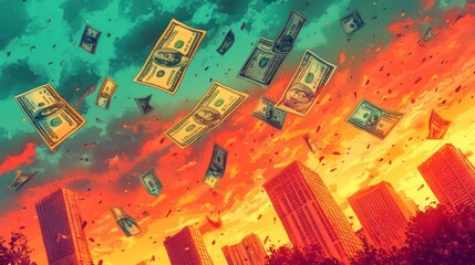 A painting of money raining down on a cityscape