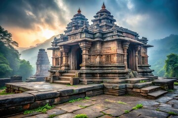 Fototapeta premium weathered stone ancient architecture misty morning majestic forgotten