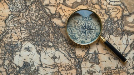 Fototapeta na wymiar Map with compass and a magnifying glass, showing intricate details of unexplored lands