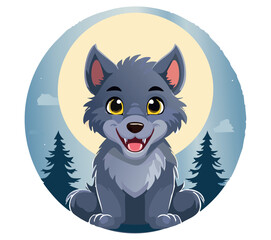 Vector illustration of a cute wolf under a full moon. Halloween holiday celebration