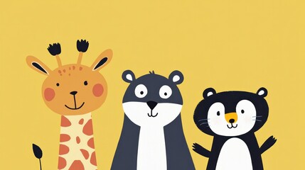 Naklejka premium Three cartoon animals, a giraffe, a bear, and a cat