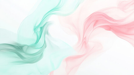 Fototapeta premium Soft pastel fluid shapes in pink and mint green form a delicate, flowing frame around a bright white center, with smooth curves and subtle transitions.