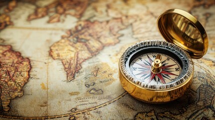 Retro compass lying on an ancient world map, with subtle shadows creating depth
