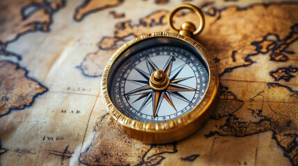 Retro compass lying on an ancient world map, with subtle shadows creating depth