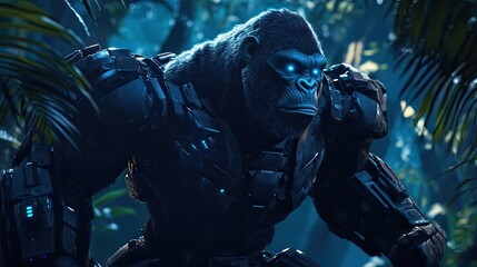Fototapeta premium A mechanical gorilla standing strong in a cyber jungle, with robotic arms and glowing eyes, showcasing strength and power.