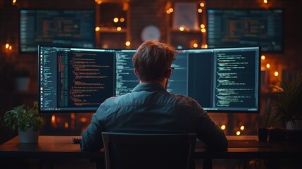 A man sits at his desk and works on the computer, with code lines appearing above it