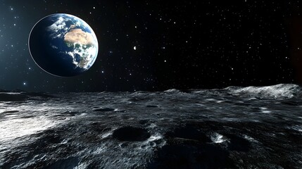 Breathtaking View of Earth Floating Above Lunar Surface in Starry Night Sky