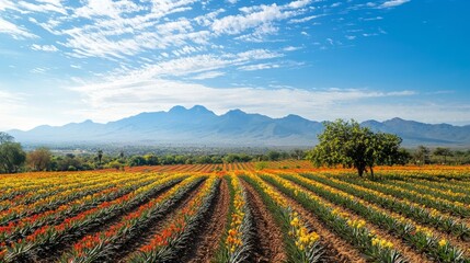 Agave fields view. Vanishing point perspective. Colorful landscape with agave.