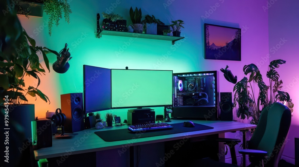 Poster A computer desk with a green monitor and a black keyboard
