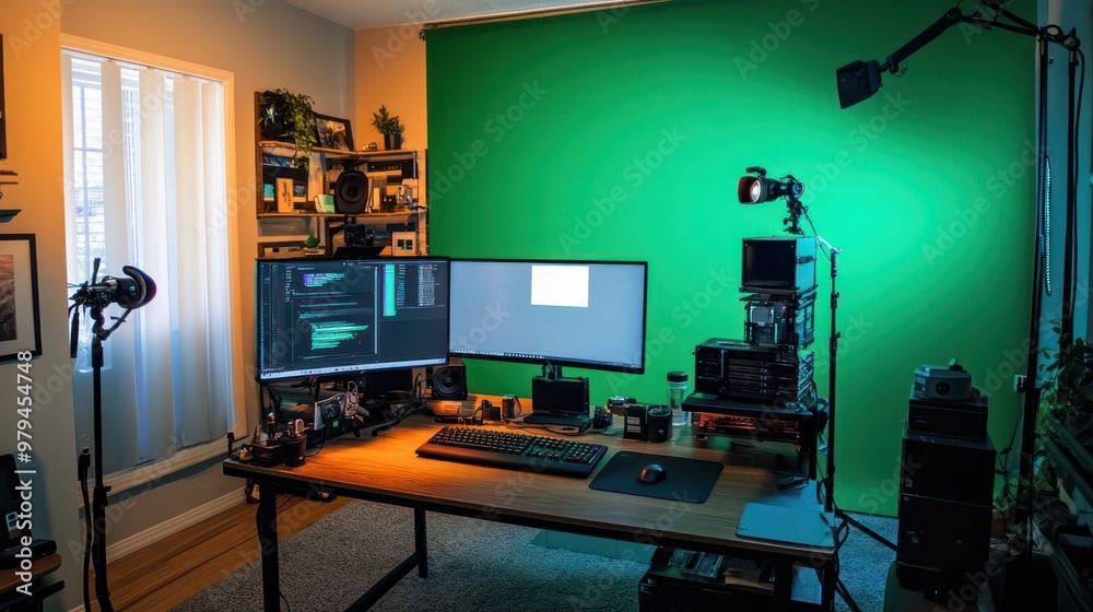 Poster a green room with a desk and a computer monitor
