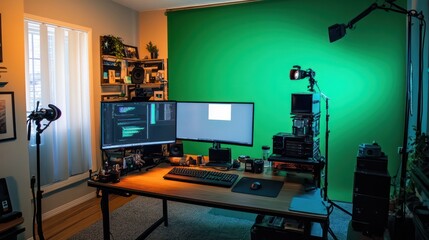 A green room with a desk and a computer monitor