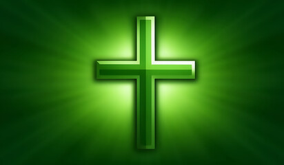 Obraz premium A green Christian Cross on a colorful background. AI generated.