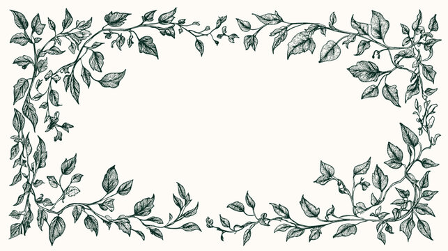 Floral vintage frames with silhouettes of branches, leaves and vines. Hand drawn elegant delicate botanical borders and wreaths. Vector isolated elements for wedding invitation, card, page boder