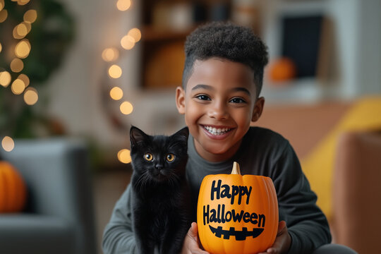 A joyful young boy holding a pumpkin with a "Happy Halloween" message. A black cat sits beside him, adding to the festive Halloween mood in living room - Powered by Adobe