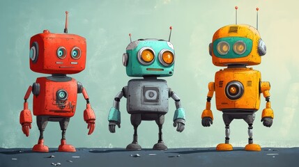 Fototapeta premium Three robots of different colors stand next to each other