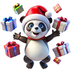 A panda bear wearing a Santa hat holds a Christmas present
