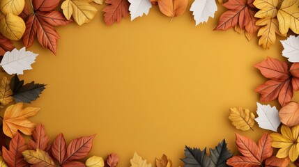 A vibrant autumn backdrop featuring colorful leaves in shades of orange, red, and yellow against a warm golden background.