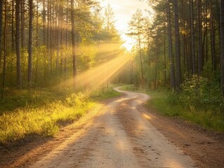 Naklejka premium A serene dirt path winds through a sunlit forest, with gentle rays of sunlight piercing through the trees, creating a warm and inviting atmosphere.