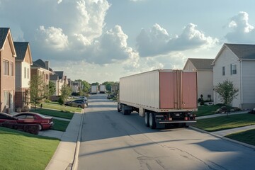 Semi-trailer Truck Driving Down a Residential Street