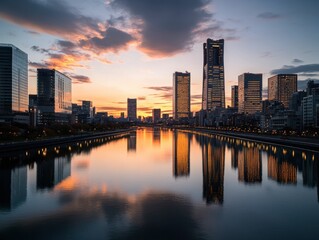 Naklejka premium A stunning city skyline reflecting in a calm river during sunset, showcasing modern architecture and vibrant colors.
