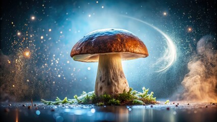 ethereal otherworldly portrait showcasing single dried porcini mushroom on misty glass background with subtle moonlit glow and delicate frosty condensation
