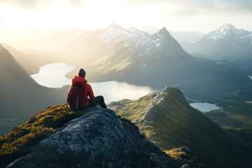 Serenity at Sunset: Lone Hiker Overlooking Mountain Lake