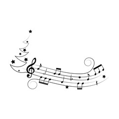 Festive music notes with Christmas tree silhouette and stars, vector illustration.