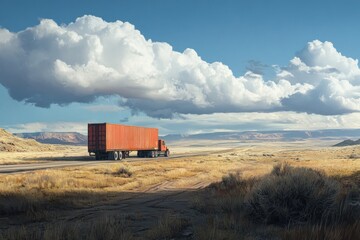 Fototapeta premium Red Semi-Truck Driving on a Straight Road Through a Desert Landscape Under a Cloudy Sky