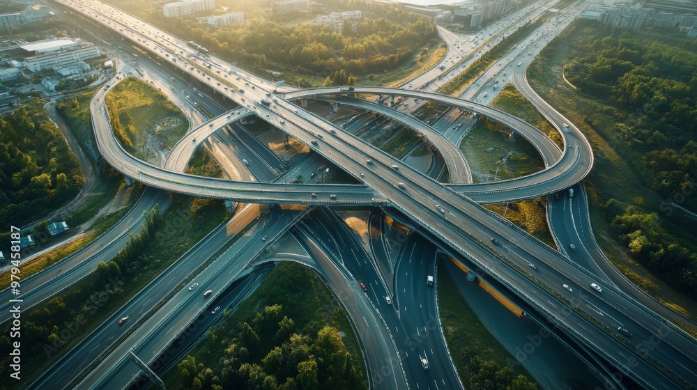 Leinwandbilder a panoramic view of a high-speed expressway interchange, showing multiple lanes and ramps converging