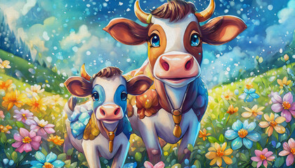 Naklejka premium oil painting style cartoon character illustration Cow with calf on a blooming yellow meadow