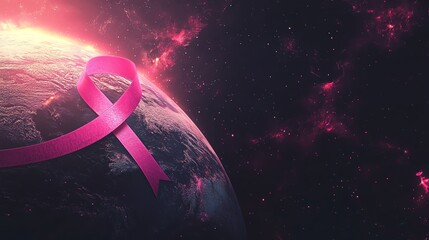 Pink ribbon wrapped around Earth, symbolizing global breast cancer awareness.