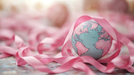 Globe surrounded by pink ribbons, symbolizing Breast Cancer Awareness Month going global, with diverse cultural representation