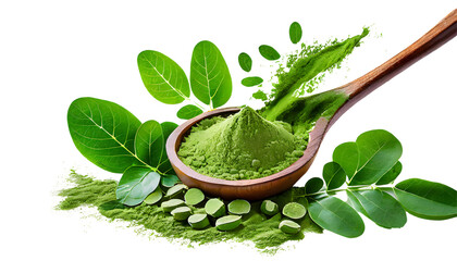 moringa powder and fresh leaves Splash on a white isolated background. Generative AI.