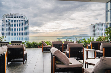 interior of luxury bar restaurant on roof of a skyscraper hotel with sea views