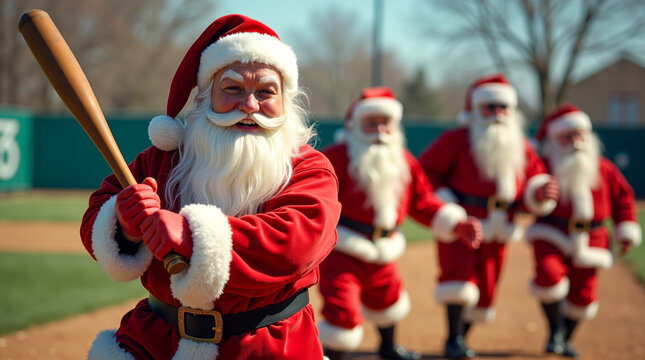 A group of santa claus holding a baseball bat on a baseball field