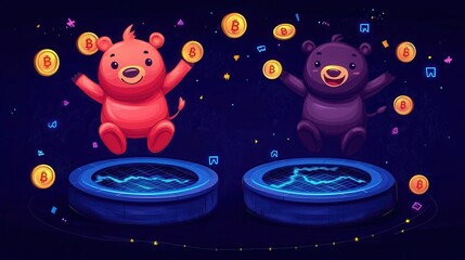 Fototapeta premium Charming round bull and bear characters joyfully bouncing in a playful, vibrant setting, embodying the spirit of market dynamics.