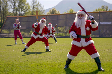 Obraz premium A group of people dressed as Santa Claus playing baseball on a field