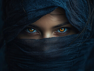 Naklejka premium A woman with long dark hair and a scarf covering her face