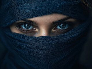 Naklejka premium A woman with blue eyes is wearing a black scarf over her face